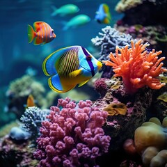 Naklejka na ściany i meble Aquarium underwater fishes in sea coral reef. Ocean nature: water animal tropical life, aquatic wildlife