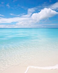 Warm white sand beach, clear blue water.