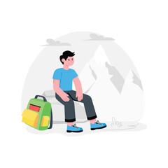 Hiker Resting On Rock While Hiking abstract concept vector in a flat style stock illustration