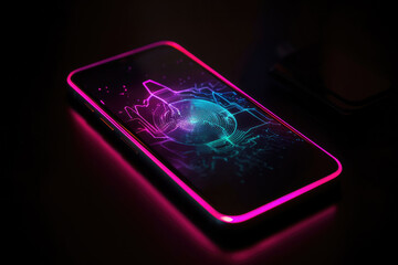 A black smartphone with a notch and a glowing pink and blue neon light design on the screen on a reflective surface with a dark background