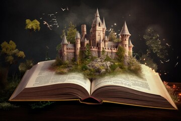 A castle emerging from an open book in a dark and smoky background. The image conveys a sense of magic and mystery. - obrazy, fototapety, plakaty