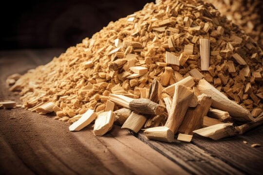 A large pile of light brown wood chips on a wooden surface with a dark background