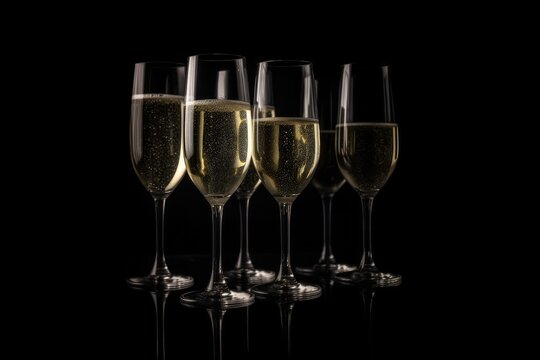 A line of champagne glasses sparkling in the blackness. The image creates a contrast between the dark background and the golden champagne...