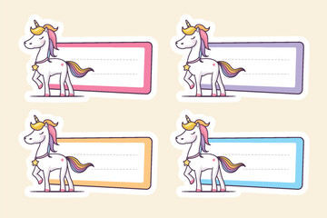School label sticker with cute magical unicorn vector illustration