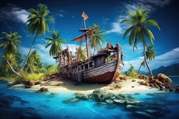 Old abandoned boat with sail washed up on deserted shore of small island with palm trees in middle of ocean - obrazy, fototapety, plakaty