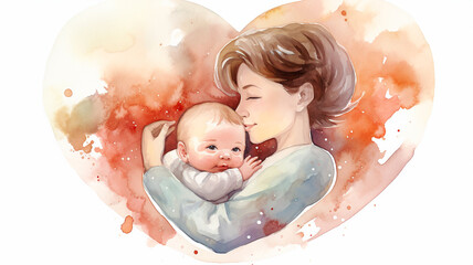 concept of a mother holding her baby with heart shaped background in watercolor illustration style