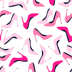 Vector seamless pattern with pink fashionable shoes. Handdrawn texture design.