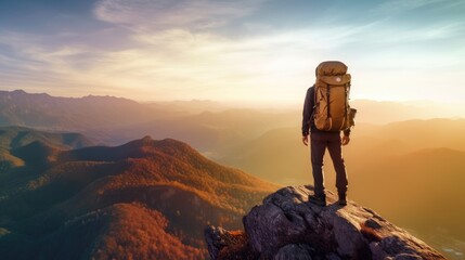 Person with backpack on the top of the mountain at sunset. Success, sport and personal growth concept.