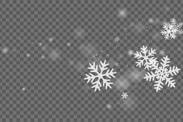 Chaotic falling snowflakes wallpaper. Wintertime speck ice granules. Snowfall sky white transparent background. Many snowflakes december theme. Snow cold season landscape.