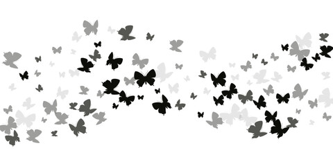 Magic black butterflies flying vector background. Summer vivid insects. Wild butterflies flying children illustration. Delicate wings moths graphic design. Nature beings.