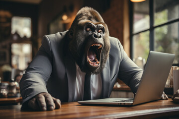 erstaunter, überraschter und schockierter Gorilla im Business Anzug vor dem Laptop bei der Arbeit im Büro / Home Office. Generative Ai. - obrazy, fototapety, plakaty