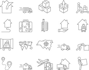 Moving and Relocation Icons Set. Moving House, Luggage, Airplane. Editable Stroke. Simple Icons Vector Collection
