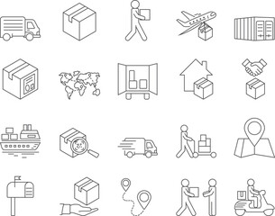 Fototapeta na wymiar Shipping and Delivery Icons Set. Cargo, Logistics, Parcel. Editable Stroke. Simple Icons Vector Collection