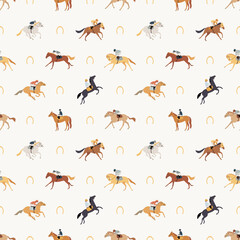 Jockeys ride horses, seamless pattern