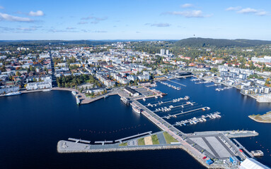 Drone aerial cityscape  of the city of Kuopio and the marina. Eastern finland Europe
