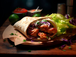 Chicken kebab with lettuce and onion on a wooden board.