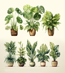 A set of different indoor houseplants in flower pots on transparent background, Monstera plant, yucca, ficus, isolated