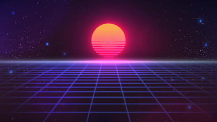 Synthwave sunset backround. Retro future 80s backdrop. Perspective grid, sun, dark starry sky. Futuristic sci-fi virtual scene. 3d computer abstract style. Flyer template. Stock vector illustration