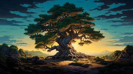 cartoon scene with a huge tree in the center
