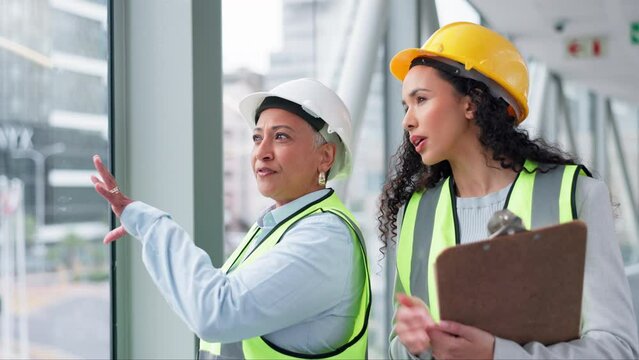 Architecture woman, teamwork and checklist in design inspection, construction planning or building progress. Manager, industry worker and people with clipboard, civil engineering safety or management