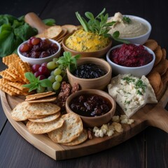 A wooden board with different types of homemade dips and appetizer