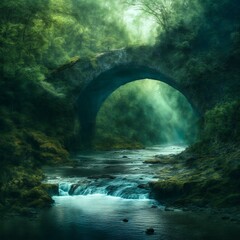 Foggy landscape with a river flowing through a stone arch.