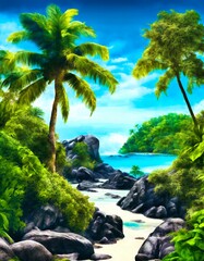 Tropical beach with palm trees and rocks. Digital painting.