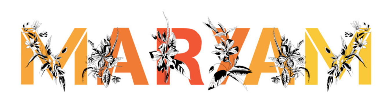 Woman's name Maryam. Font composition named MARYAM. Decorative floral font. Typography in the style of art nouveau, modern, vintage.	
