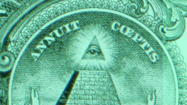All seeing eye of the new world order and pyramid on usa dollar banknote. Conspiracy theory concept. Digital green abstract background