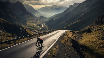 The cyclist ascending a mountain pass with winding roads, the challenge of the climb beautifully depicted  - obrazy, fototapety, plakaty