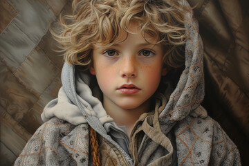 The incredible detail of a hyperrealistic portrait capturing the intricate textures of the boy's clothing and the determination in his expression 