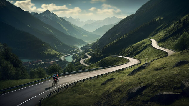 The cyclist ascending a mountain pass with winding roads, the challenge of the climb beautifully depicted 