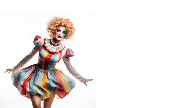 Female Clown from a circus in a colorful and fun costume. Isolated on white background.