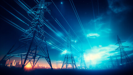 communication and technology background - high voltage tower and other background - obrazy, fototapety, plakaty