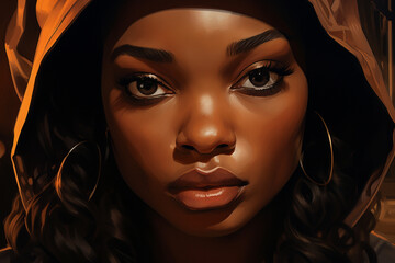 A close-up portrait of the black woman, her gaze focused and determined 