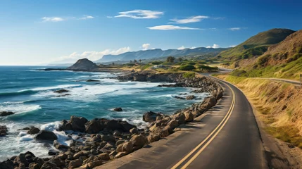 Photo sur Plexiglas Atlantic Ocean Road An empty road hugging the coastline, offering unobstructed views of the vast sea with its gentle waves and the horizon blending seamlessly with the sky. Generative AI