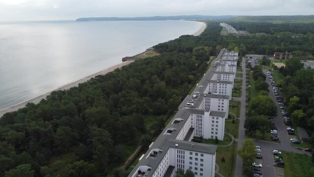 drone view on Prora, massive project built by the Nazi-Regime, currently reconstructed to host new flats and hotels.  Binz, Ruegen Island,  Germany