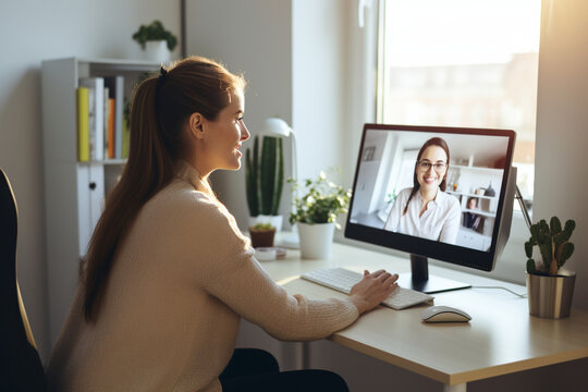A candid shot of the woman on a video call, effectively communicating with colleagues 