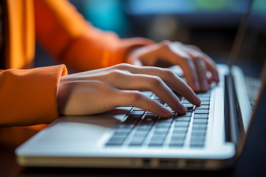 A close-up of the woman's hands typing on a keyboard, multitasking with ease 