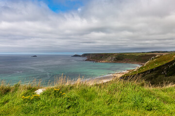 Looking out over the Cornish coastline and ocean above Sennen, on a sunny summer's day