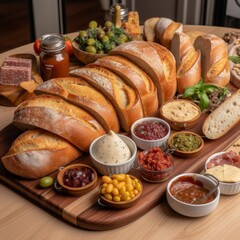 A large wooden board with different types of artisanal bread