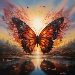 An Artistic Depiction a Butterfly Suspended With Its Wings Spread Over Water