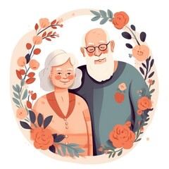 old couple, grandparents next to each other, smiling, around a frame of flowers, happy grandparents day illustration. Ai generated