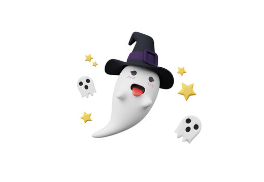 3d render, Halloween party elements decoration with minimal cute kitty ghost on pastel background, trick or treat concept.