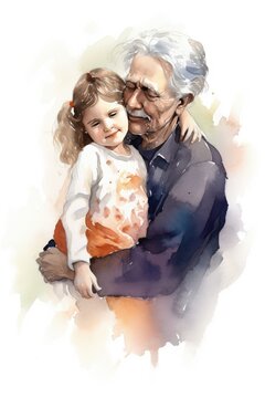 Little girl hugging her grandfather on grandparents day, Watercolor illustration. Ai generated