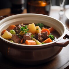A hearty beef stew in a ceramic bowl