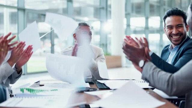 Business people, throw documents and meeting success, celebration or news of project, bonus and applause. Winner, yes and wow of manager, group of men and women or employees clapping and paper in air