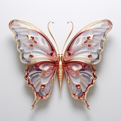 3d rendered Red, White and gold butterfly on a white background, in the style of  metallic...