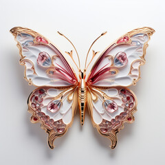 3d rendered Red, White and gold butterfly on a white background, in the style of  metallic...
