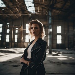 Obraz premium High-fashion photography in an abandoned industrial warehouse, with dramatic lighting and edgy outfit